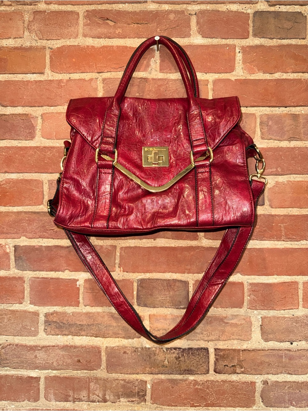Red Leather Top-Handle Satchel Handbag - BCBG